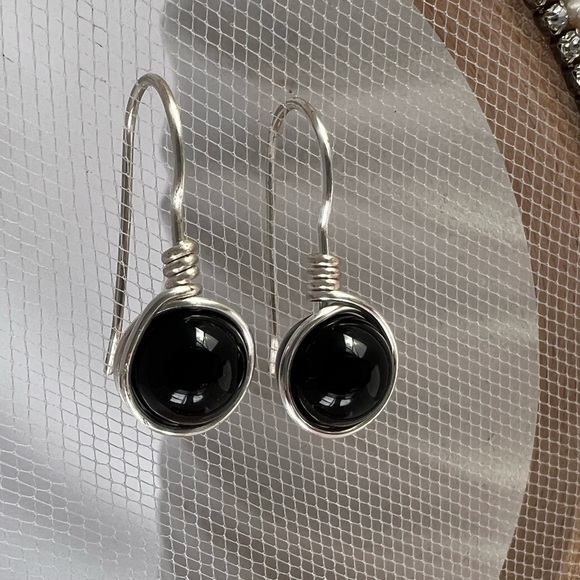 Black Onyx Wire Wrapped Minimalist Earrings - Picture 1 of 12